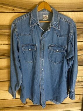 Vintage Ely Cattleman Men's Western Denim pearl Snap Shirt - Medium Blue XL